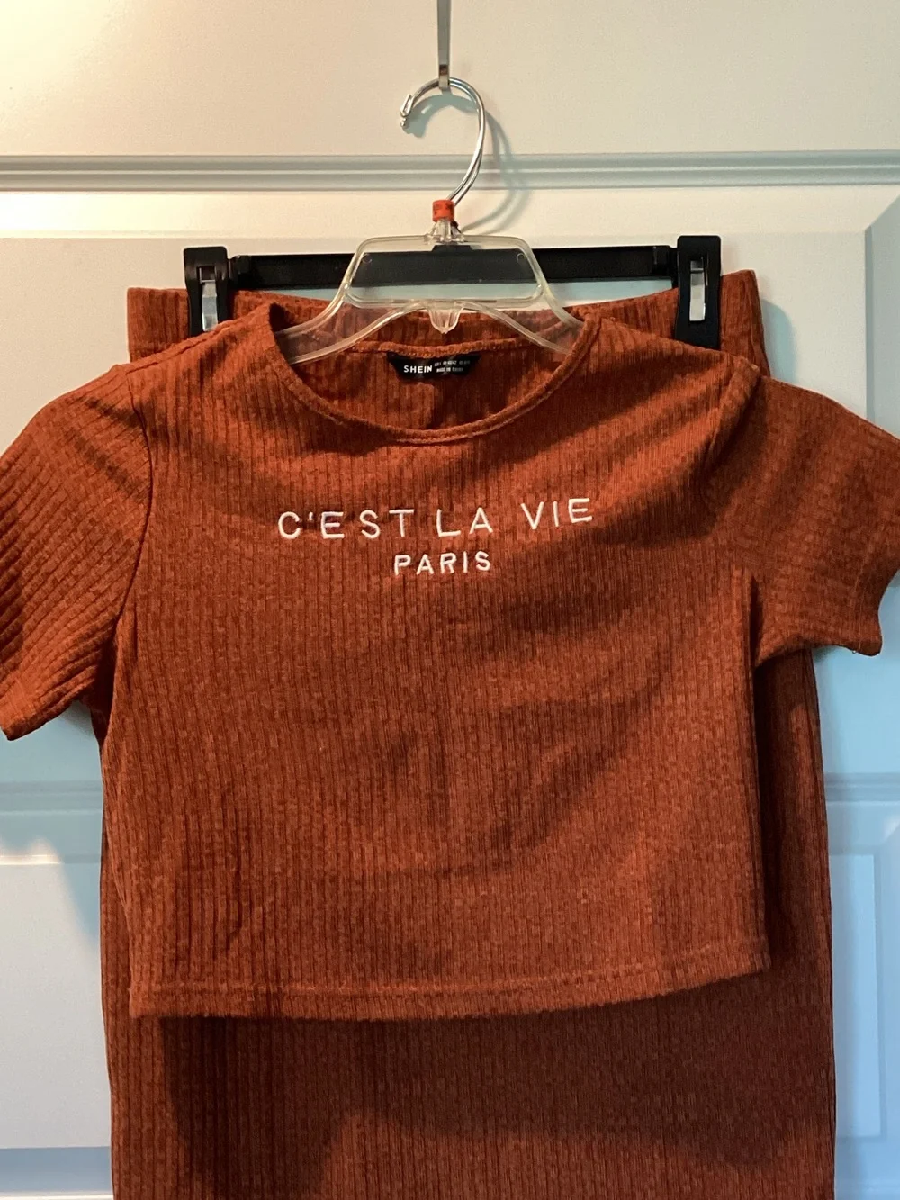 Rust Colored Ribbed Two-Piece Tee & Skirt Set - Picture 2 of 6
